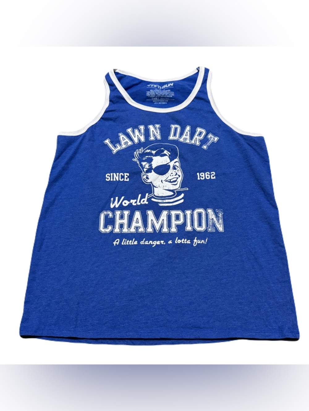 Fifth Sun Lawn Dart World Champion Funny Tank Top Blue Distressed Men Size L